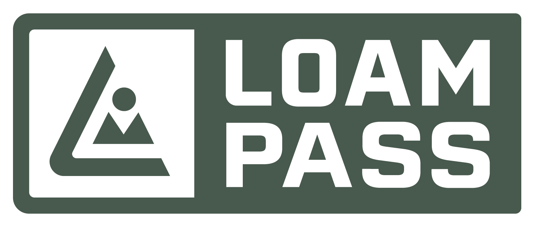 Logo triangulaire avec montagne, texte "LOAM PASS".