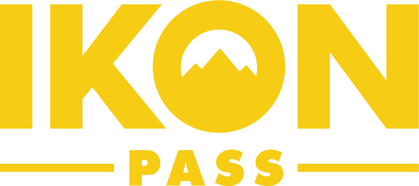 Logo jaune "IKON PASS" avec montagnes stylisées.