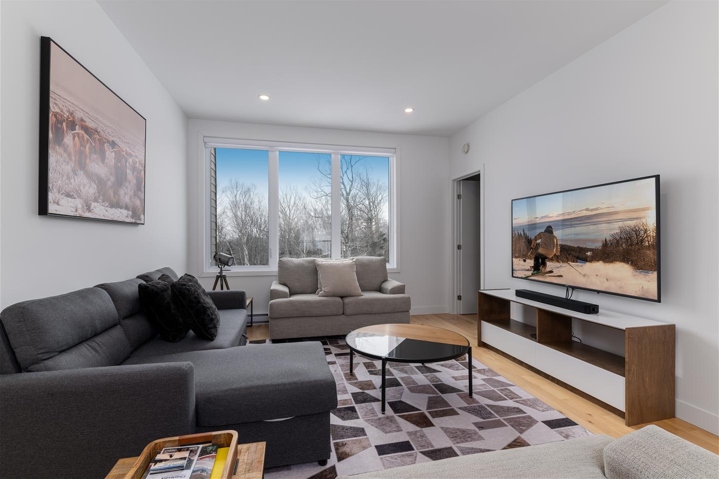 Salon moderne avec canapé gris, téléviseur et grande fenêtre.