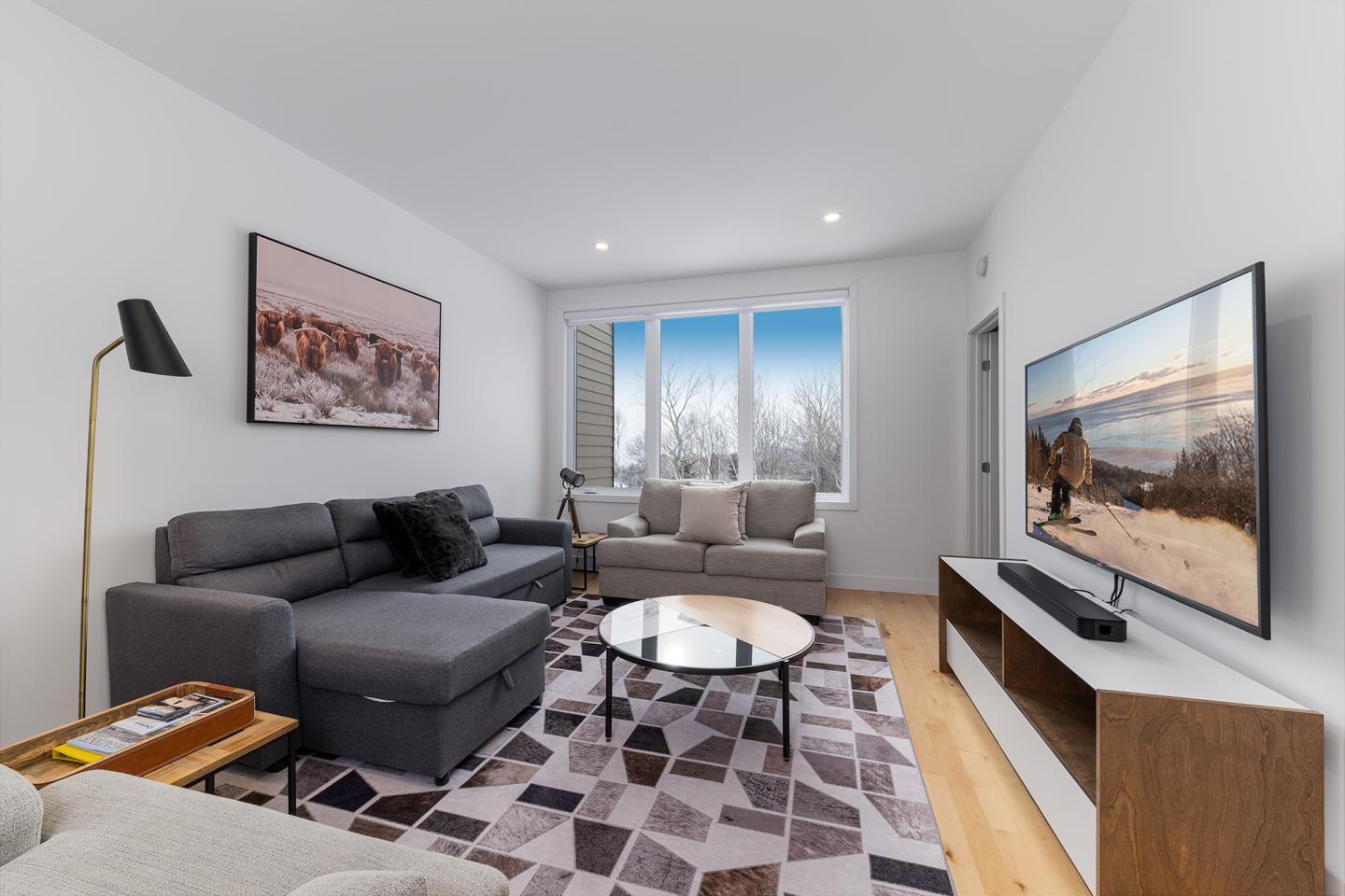 Salon élégant avec canapé gris, table basse ronde, et télévision. Fenêtres avec vue sur l'extérieur.