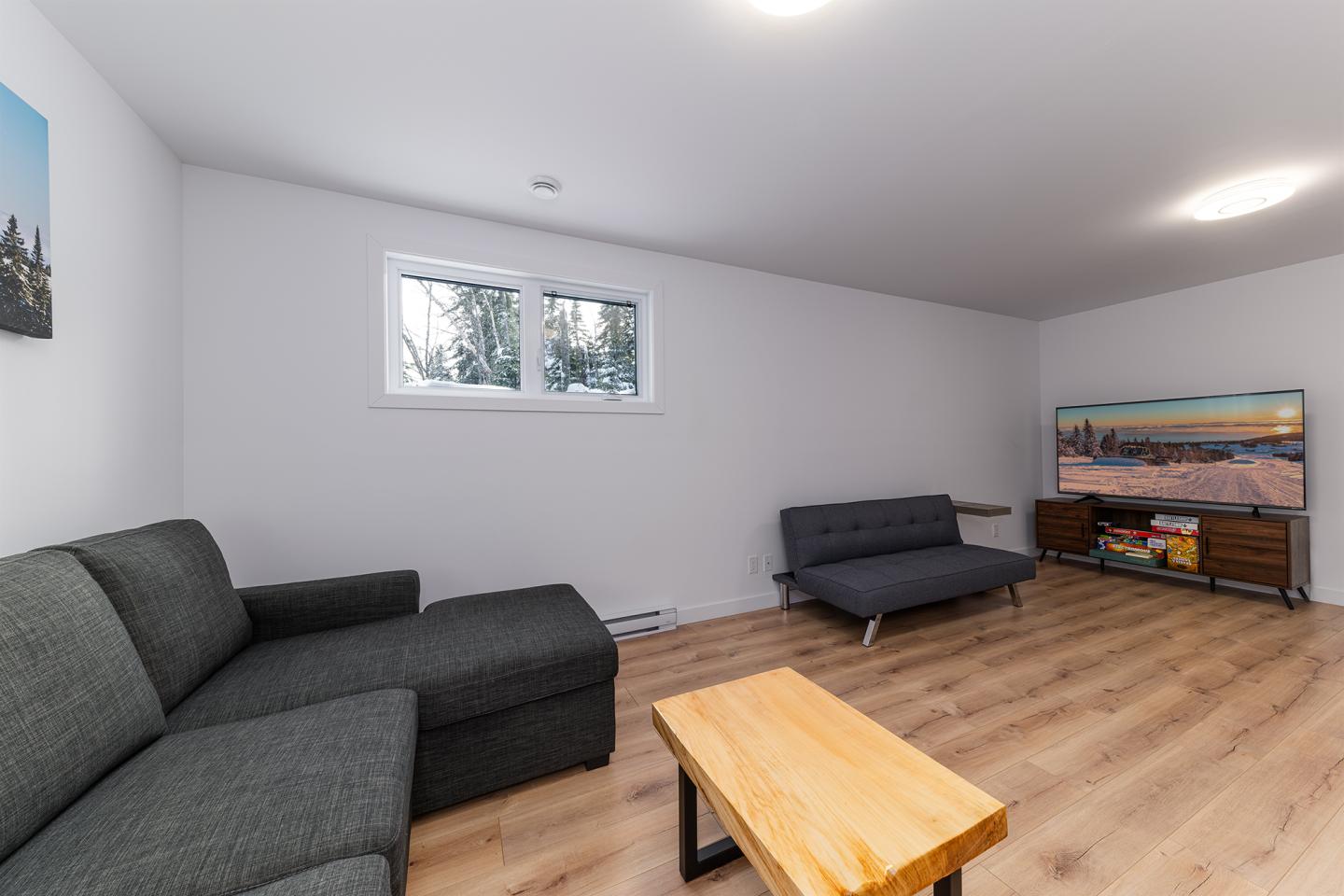 Salon moderne avec canapés gris, table basse en bois, et télévision.