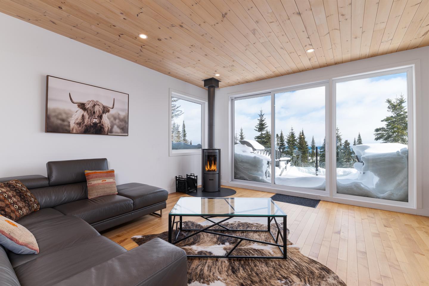 Salon moderne avec canapé gris, poêle à bois et vue sur neige par la fenêtre.
