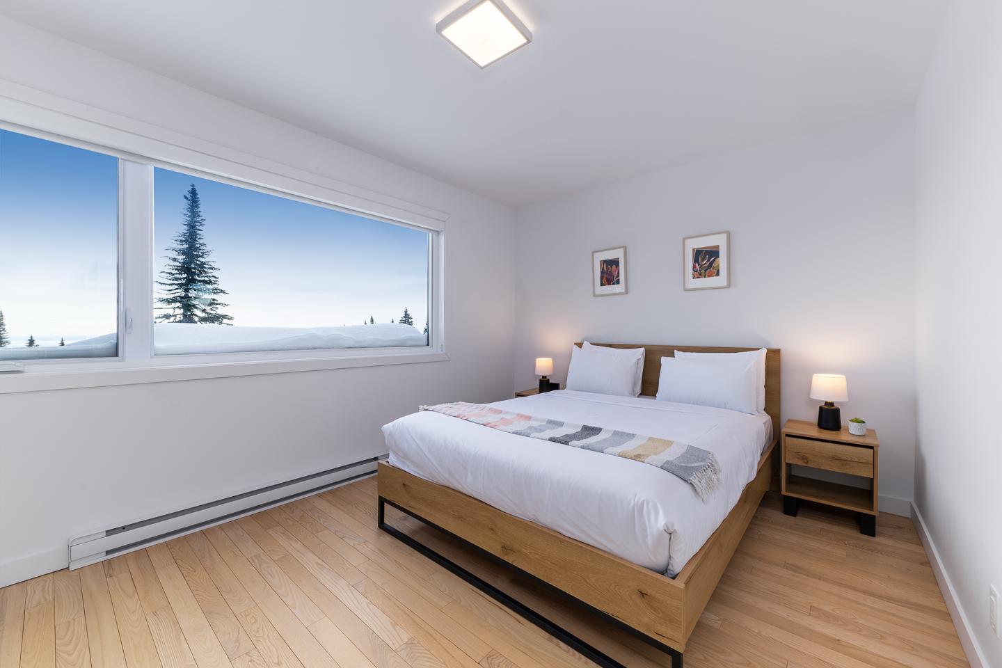 Chambre lumineuse avec lit double, vue sur forêt par la fenêtre.