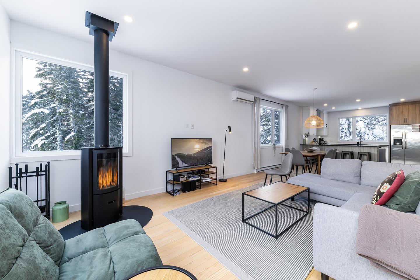Salon moderne avec canapé, poêle à bois, et grande fenêtre donnant sur des arbres enneigés.