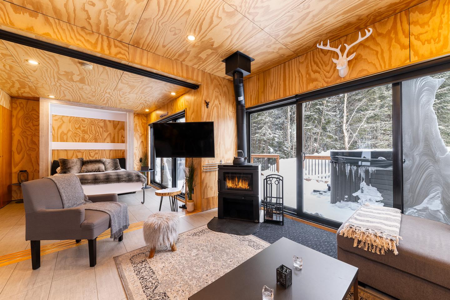 Salon chaleureux avec poêle à bois, canapé gris, et grandes fenêtres sur la neige.