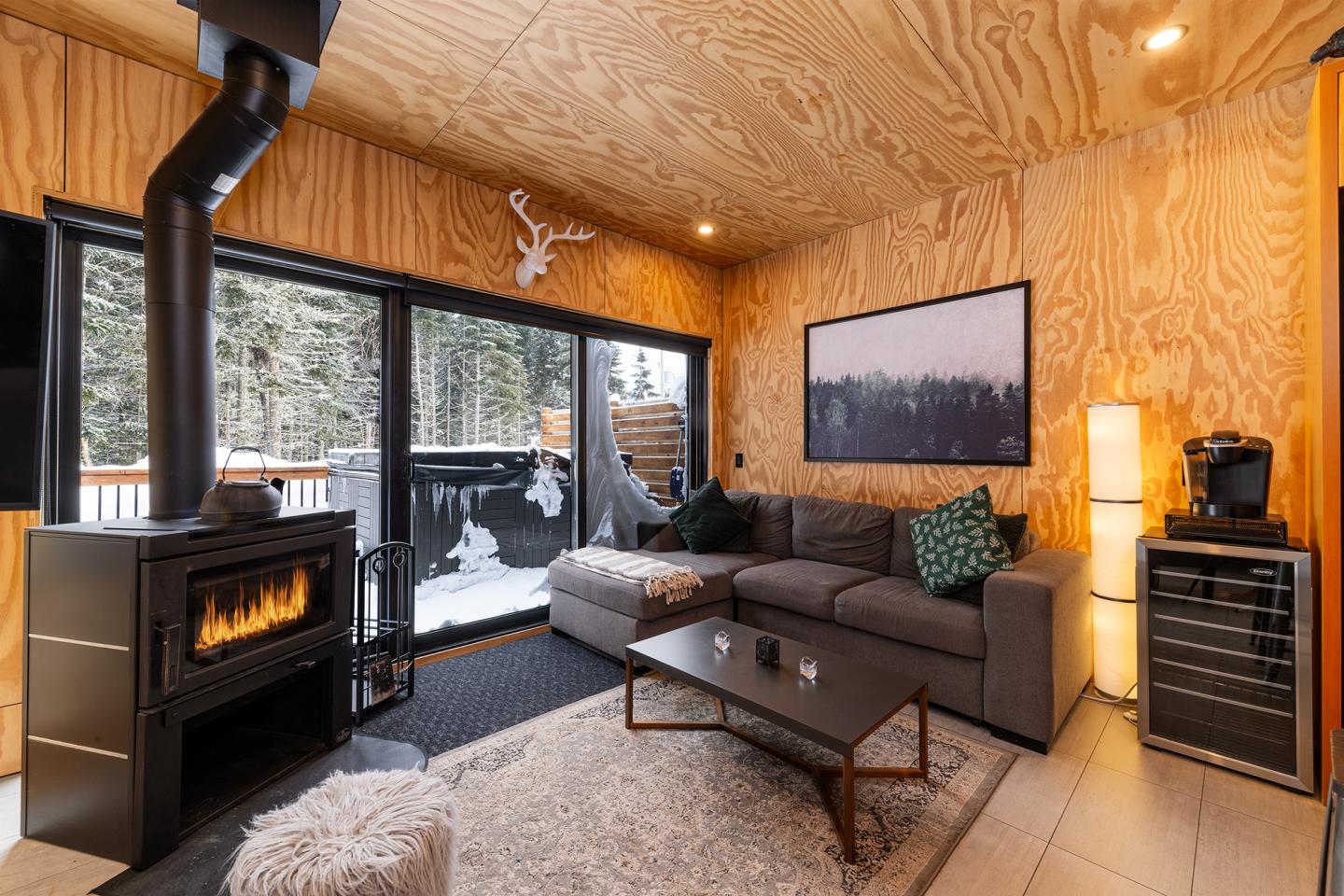 Salon moderne avec poêle à bois, canapé gris et grandes fenêtres donnant sur la neige.
