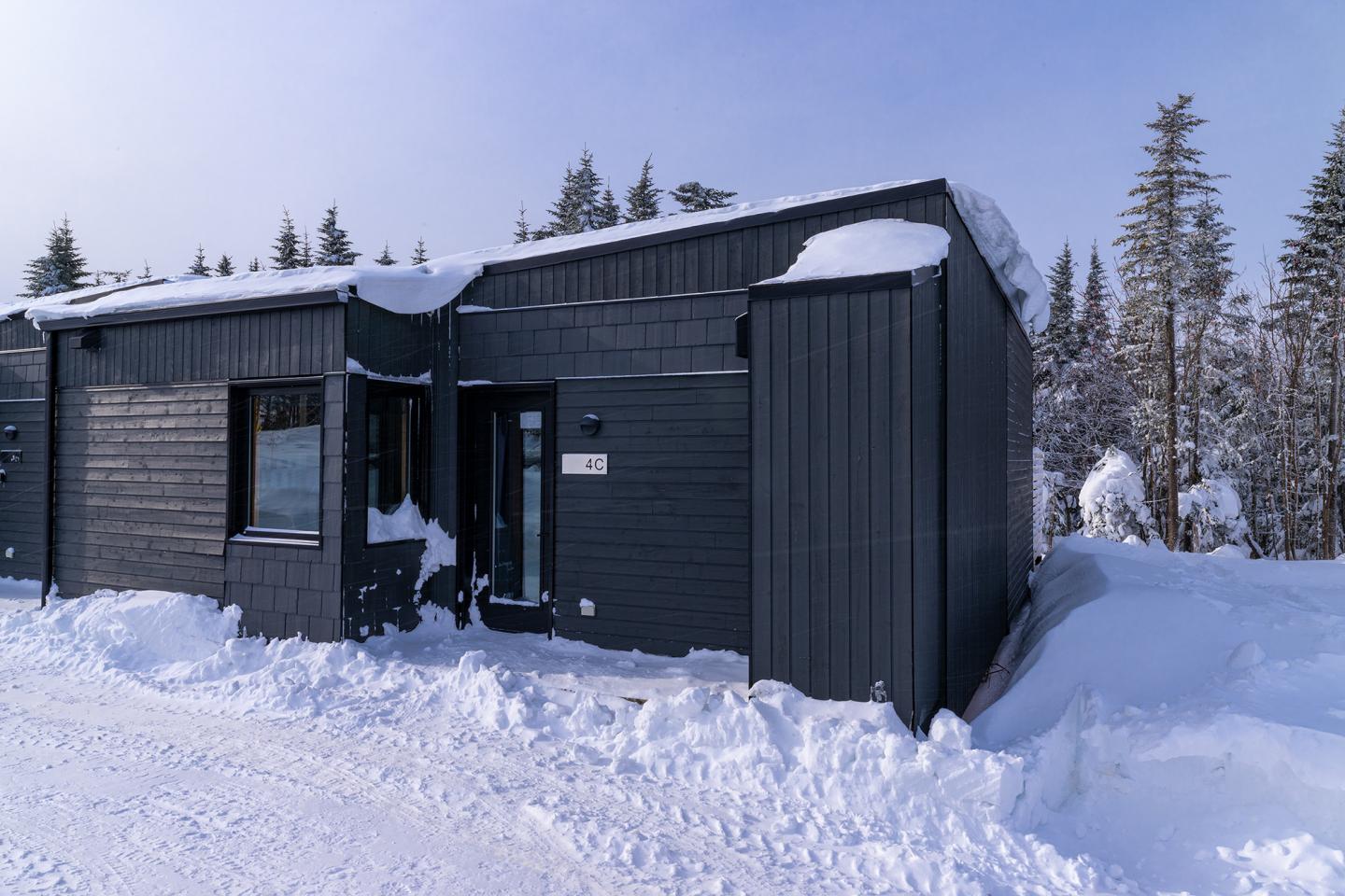 Maison moderne en bois noir dans un paysage enneigé, arbres en arrière-plan.