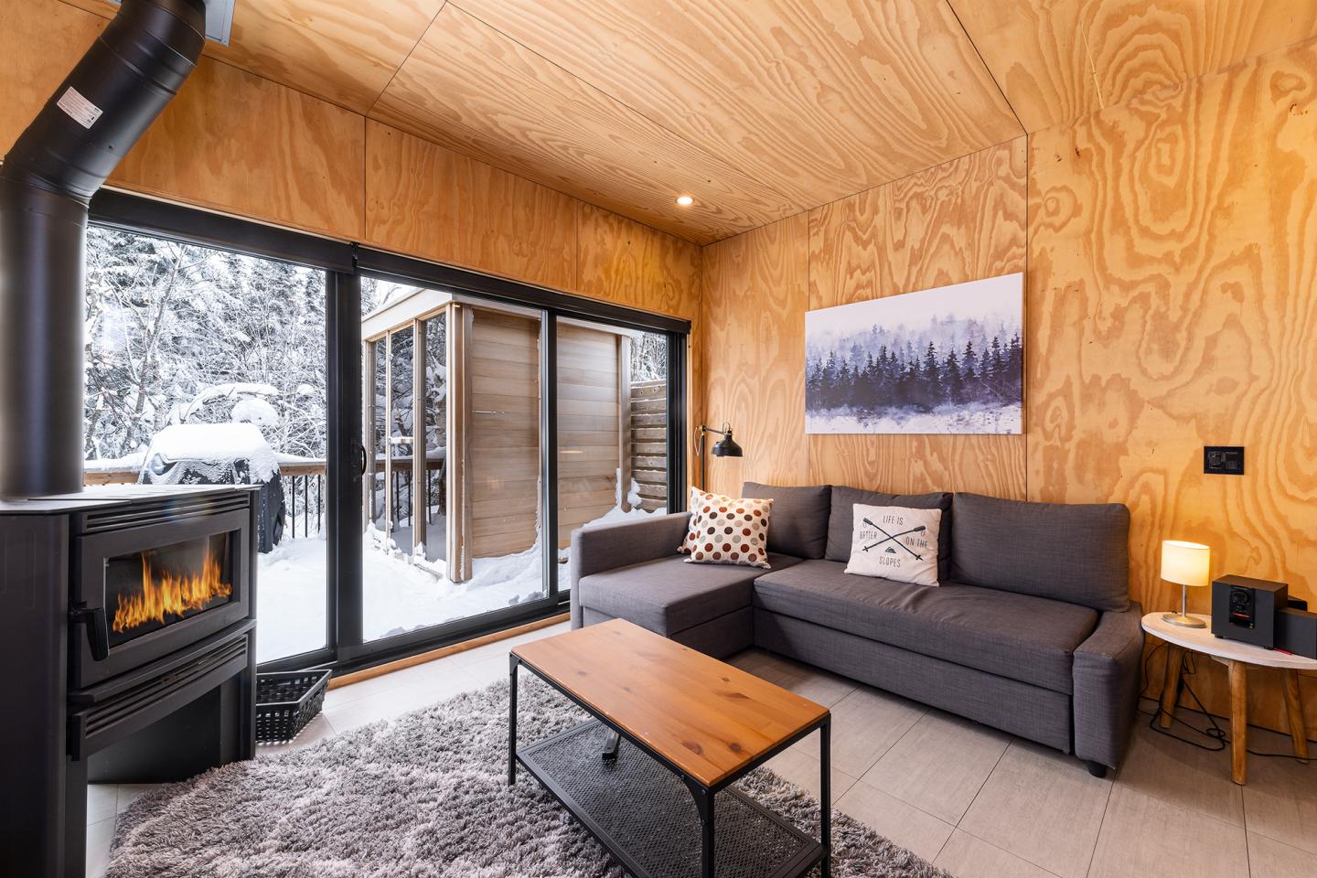 Salon cosy avec poêle à bois, canapé gris, grandes fenêtres, vue sur neige.
