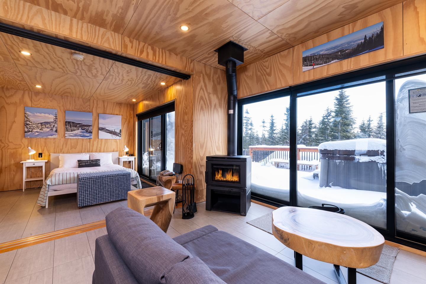 Salon en bois avec cheminée et vue sur la neige, lit et canapé confortables.