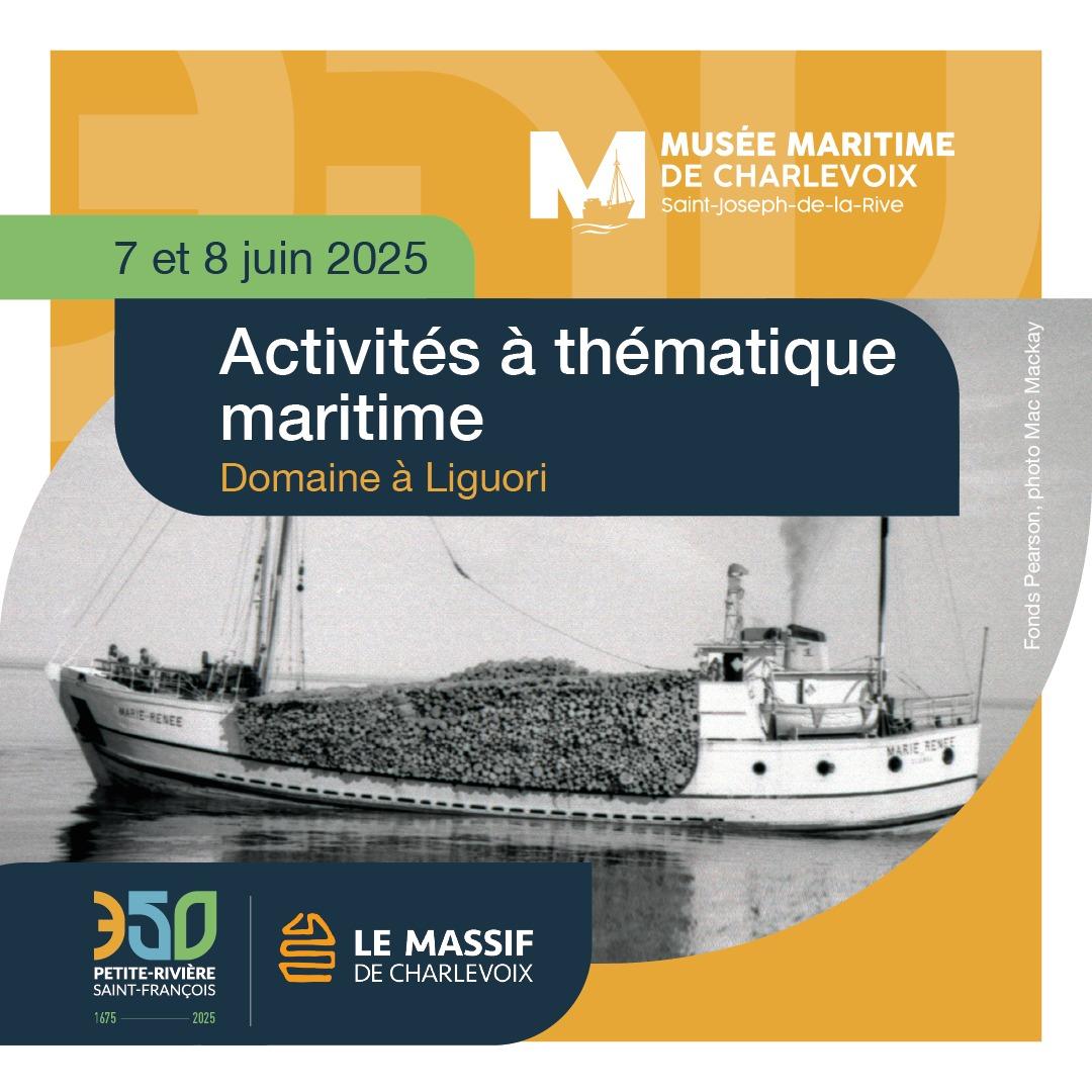 Photographie d'un bateau chargé de bois, texte sur des activités maritimes.