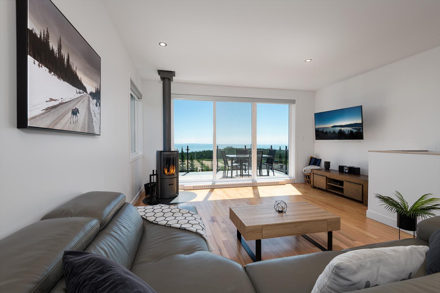 Salon moderne avec canapé gris, poêle à bois, table basse, TV, et vue sur terrasse ensoleillée.