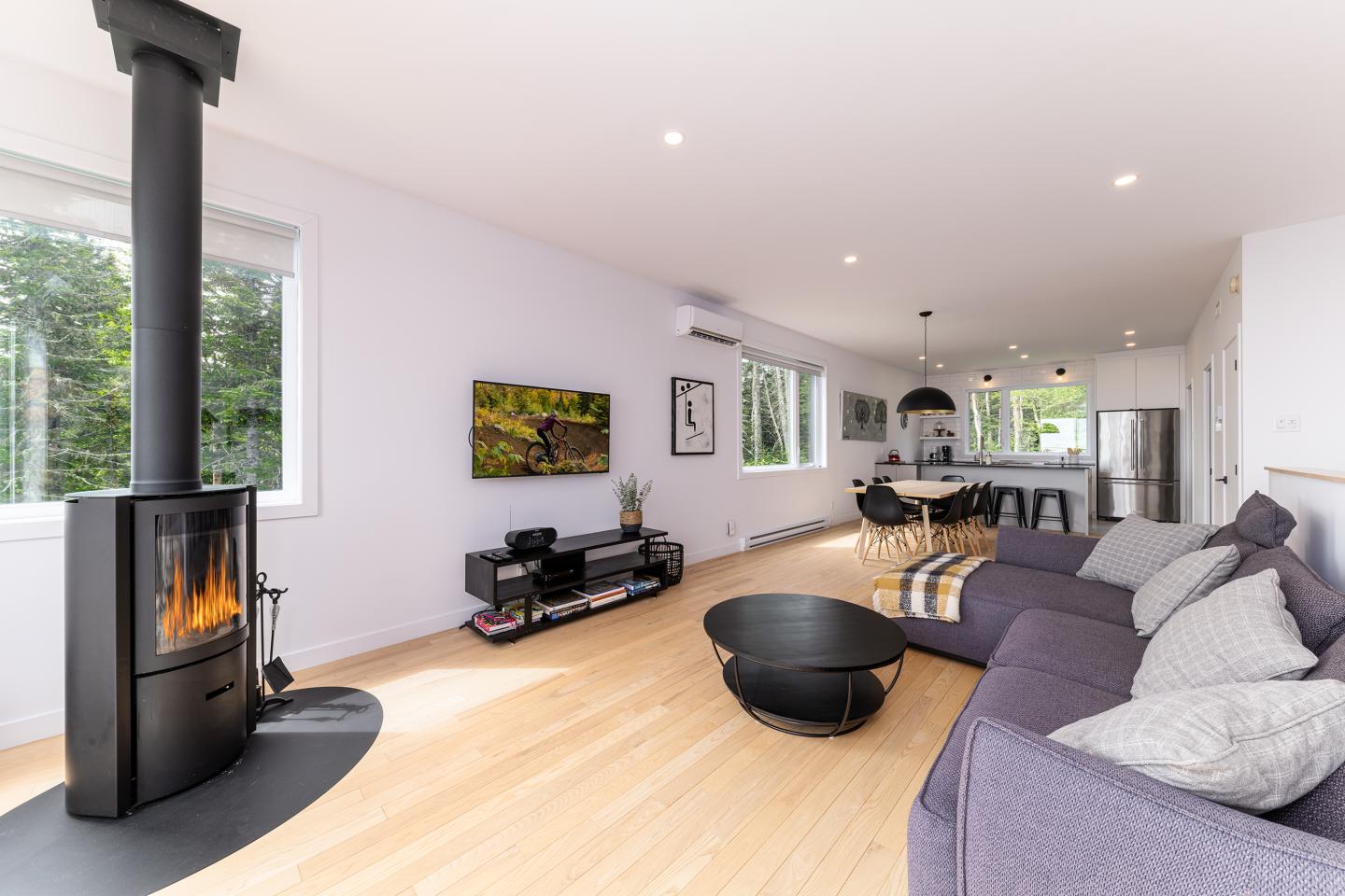 Salon lumineux avec canapé, poêle à bois, table basse, et cuisine au fond.