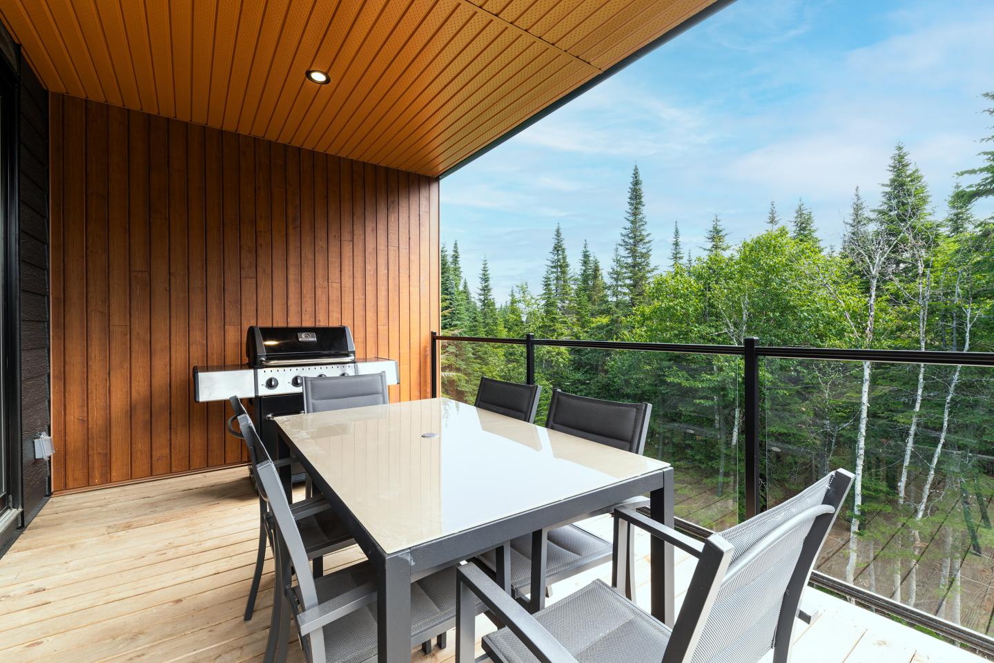 Table et chaises sur une terrasse en bois, vue sur forêt et ciel bleu.