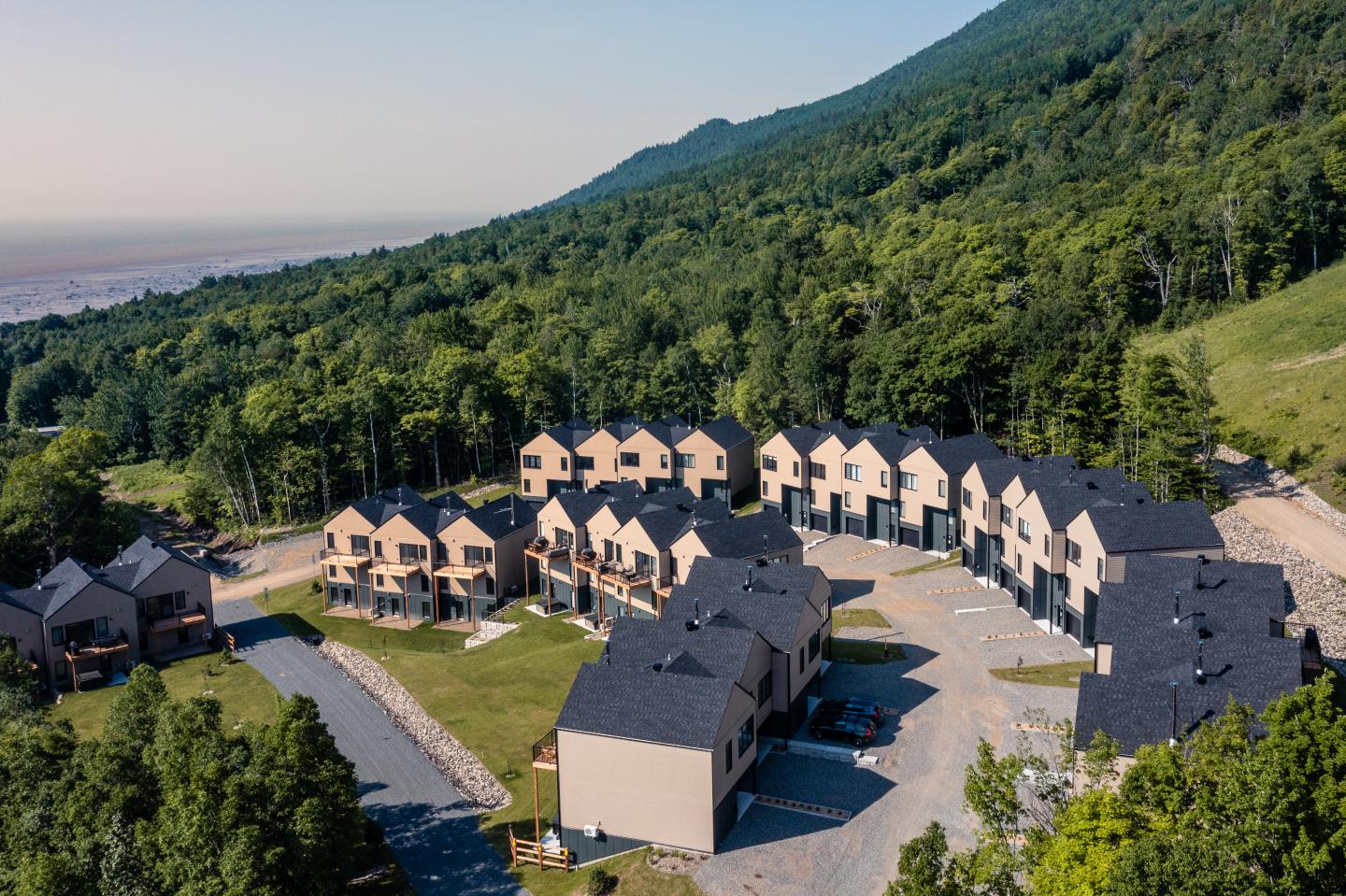 Maisons modernes entourées de forêt et montagnes, sous un ciel bleu.