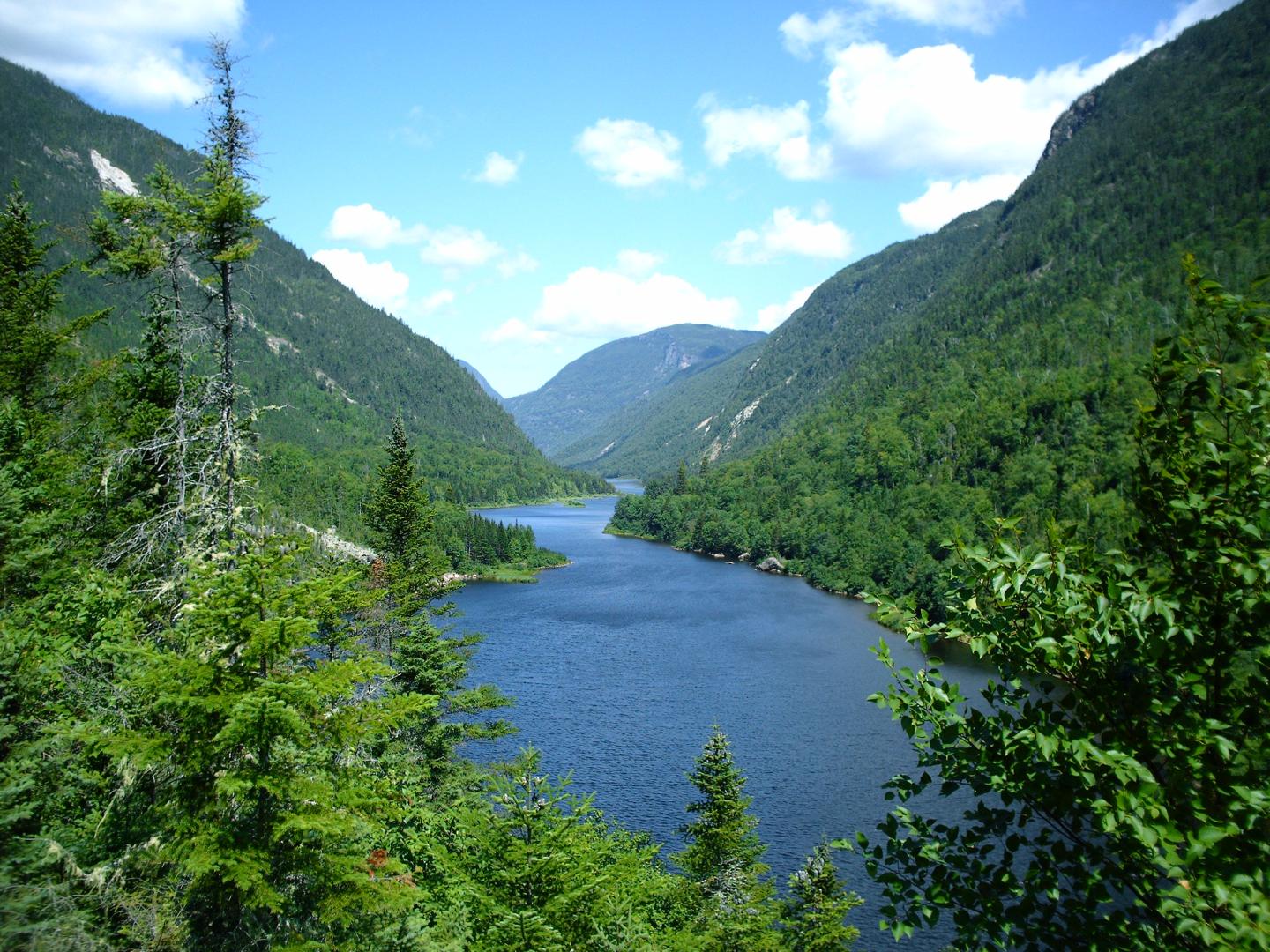 Vallée avec rivière, entourée de montagnes verdoyantes sous un ciel bleu.