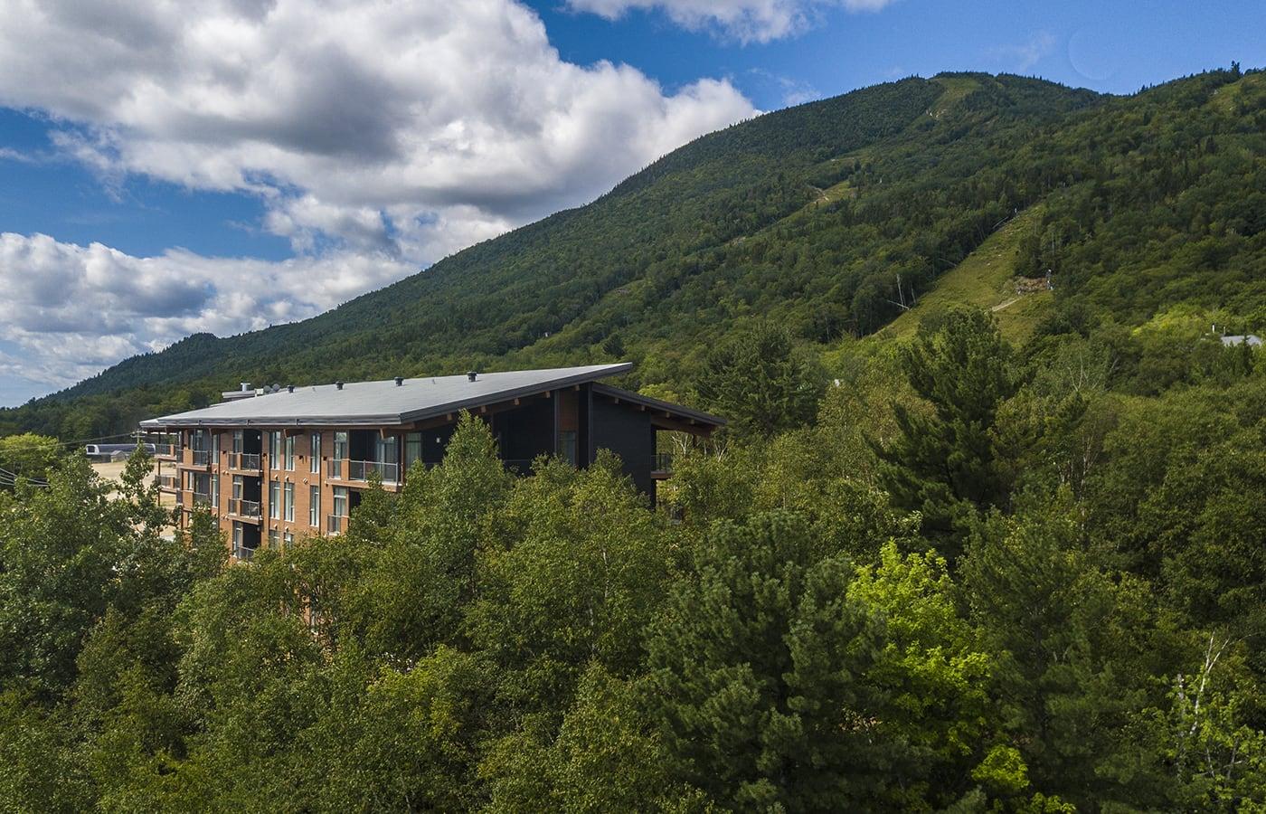 Hôtel entouré de forêts verdoyantes, devant une montagne sous un ciel nuageux.