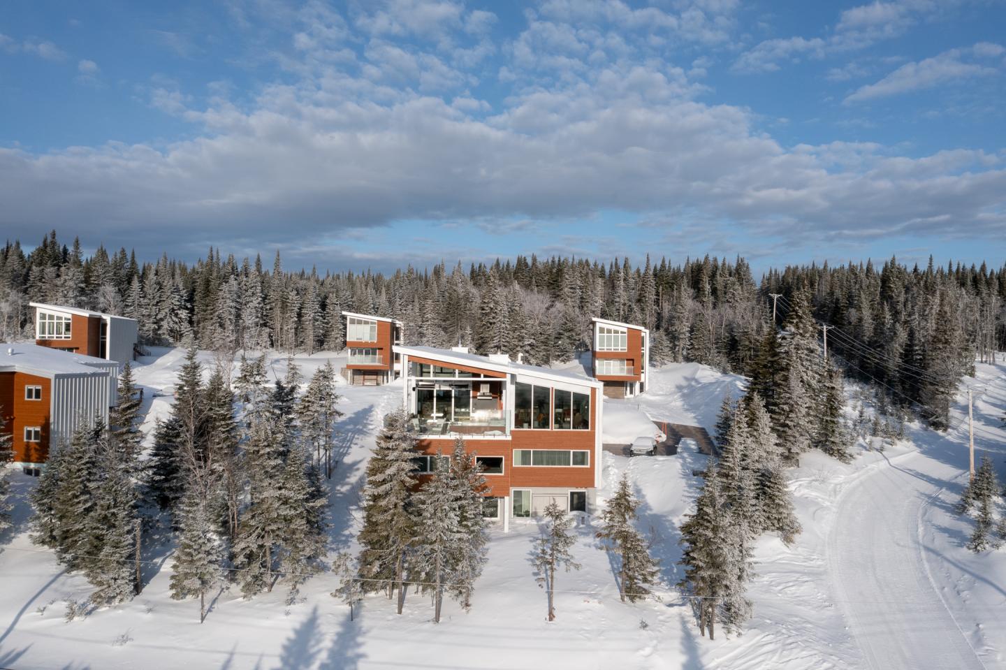 Maisons modernes entourées de neige et de forêts sous un ciel partiellement nuageux.
