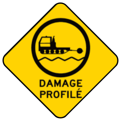 Icône jaune avec un véhicule et des ondes, texte "Damage Profilé".