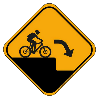 Panneau: Cycliste descendant un escalier, flèche indiquant la direction.