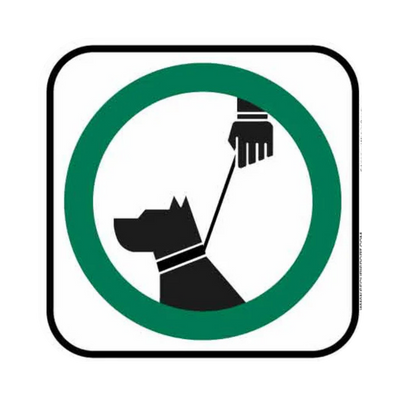 Chien en laisse, silhouette noire sur fond blanc.