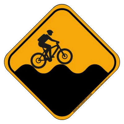 Panneau de signalisation jaune, cycliste sur terrain vallonné.