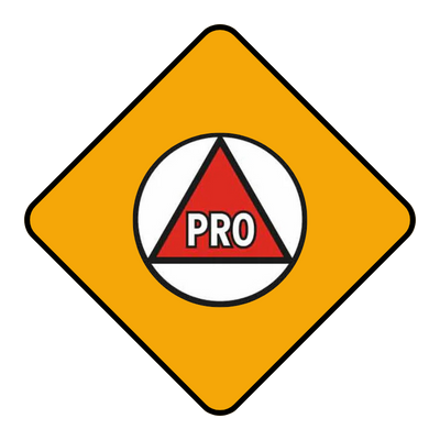 Logo avec triangle rouge marqué "PRO" sur fond jaune.