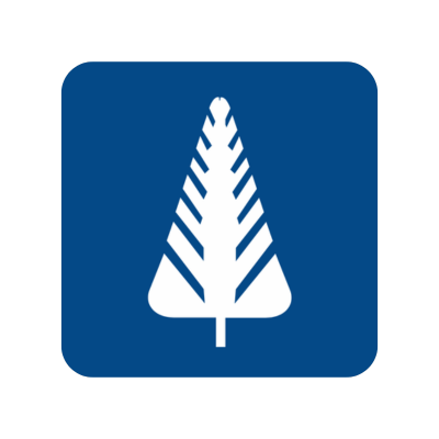 Logo bleu avec un sapin blanc stylisé.