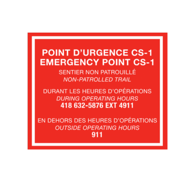 Panneau rouge avec informations d'urgence bilingues.