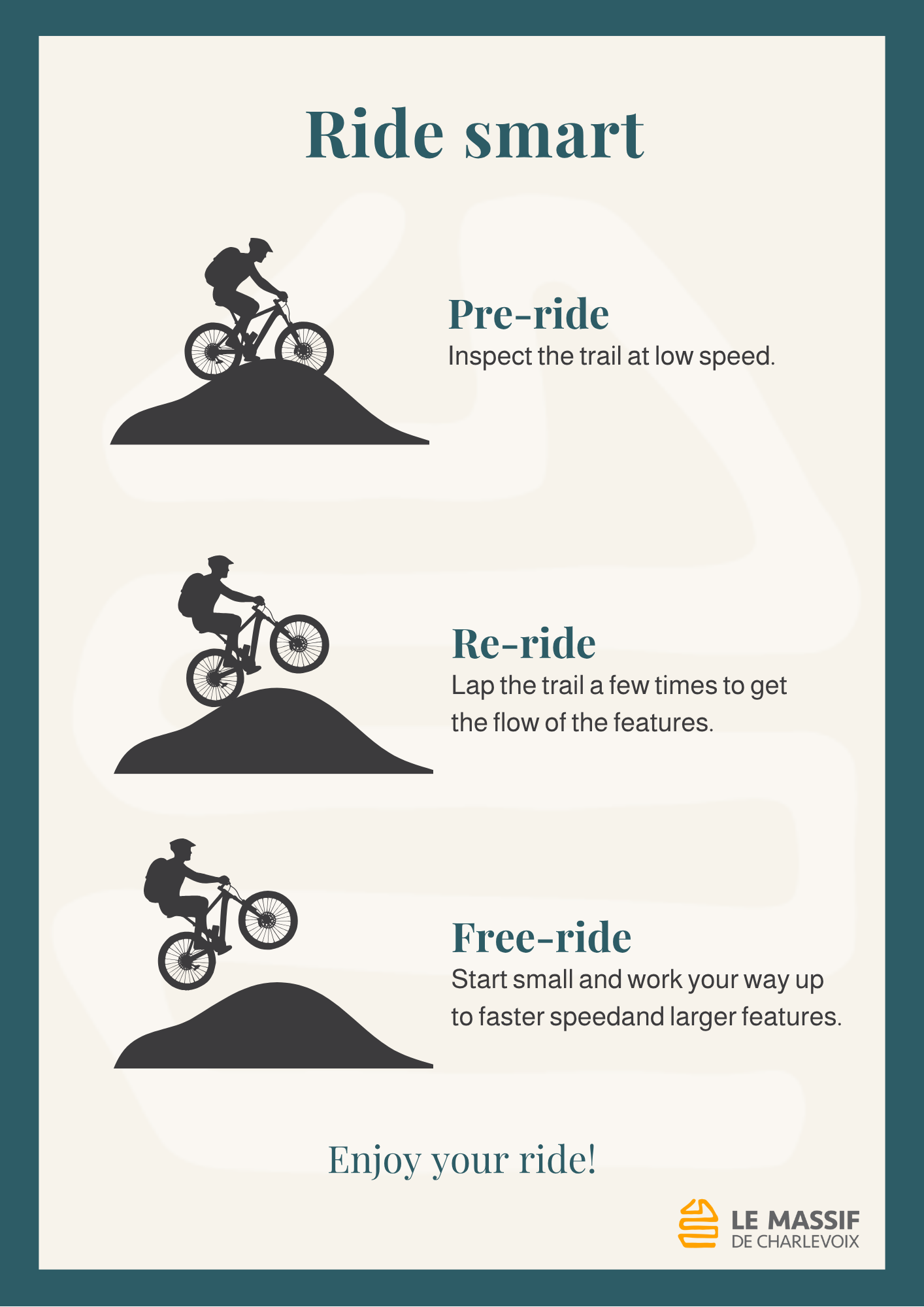 Graphique de conseils pour faire du vélo en toute sécurité, avec des icônes de cyclistes.