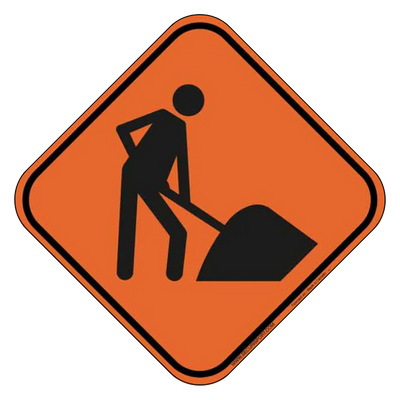 Panneau de signalisation orange avec icône de travaux.