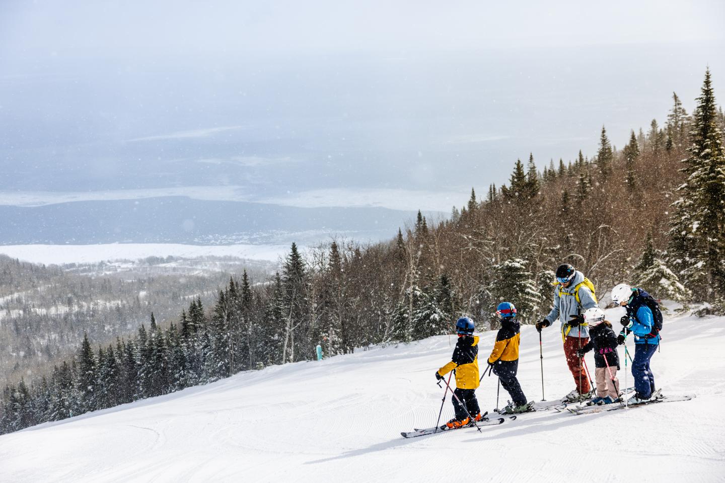 Famille de skieurs sur une pente enneigée du Massif de Charlevoix entourée d'arbres et vue sur le fleuve Saint-Laurent.