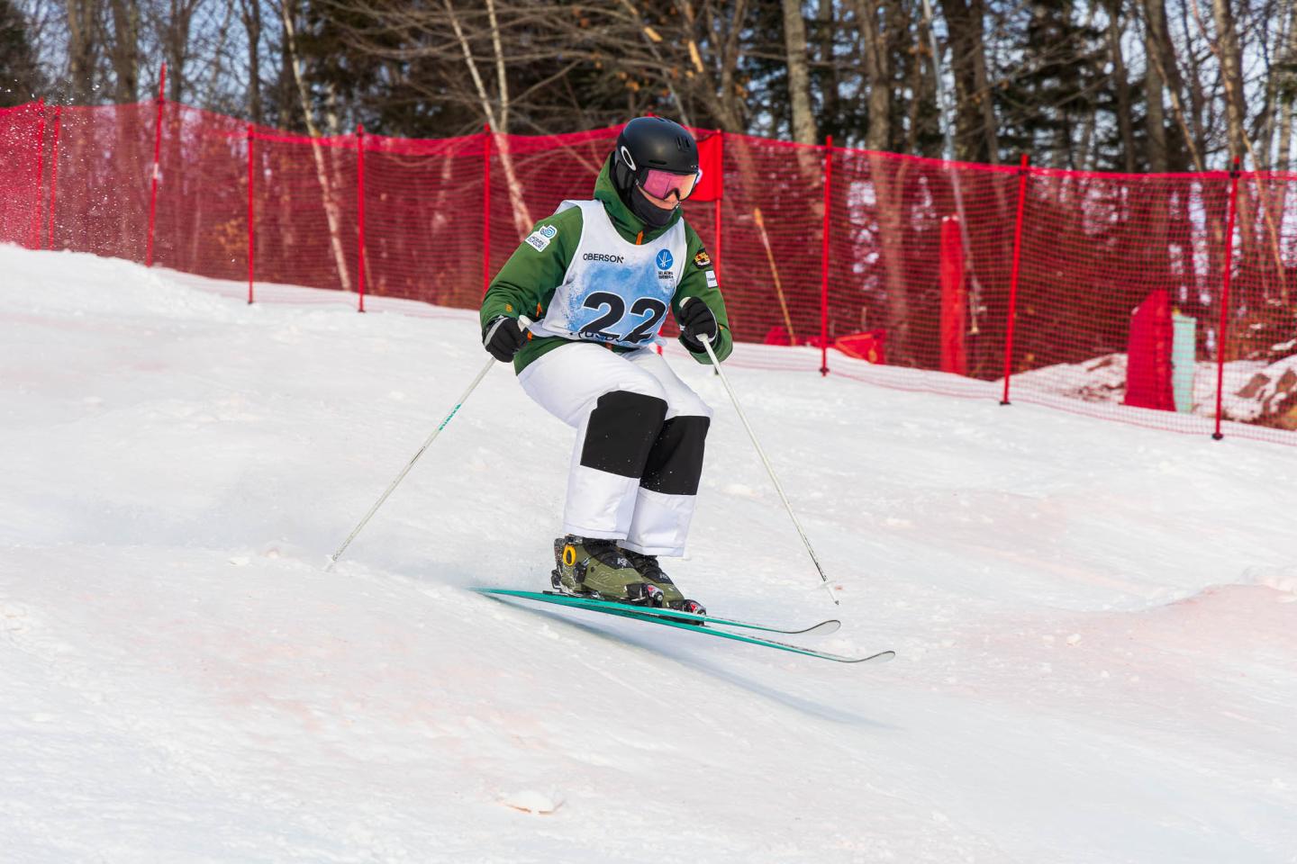 Skieur en compétition sur une piste enneigée, portant un dossard et un casque.