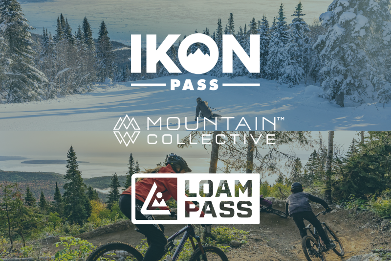 Paysage montagneux enneigé, VTT sur sentier forestier. Logos de forfaits ski et vélo.