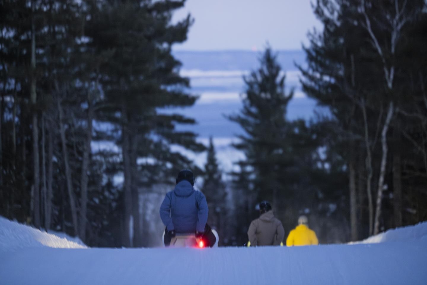 Personnes marchant en forêt enneigée au crépuscule.