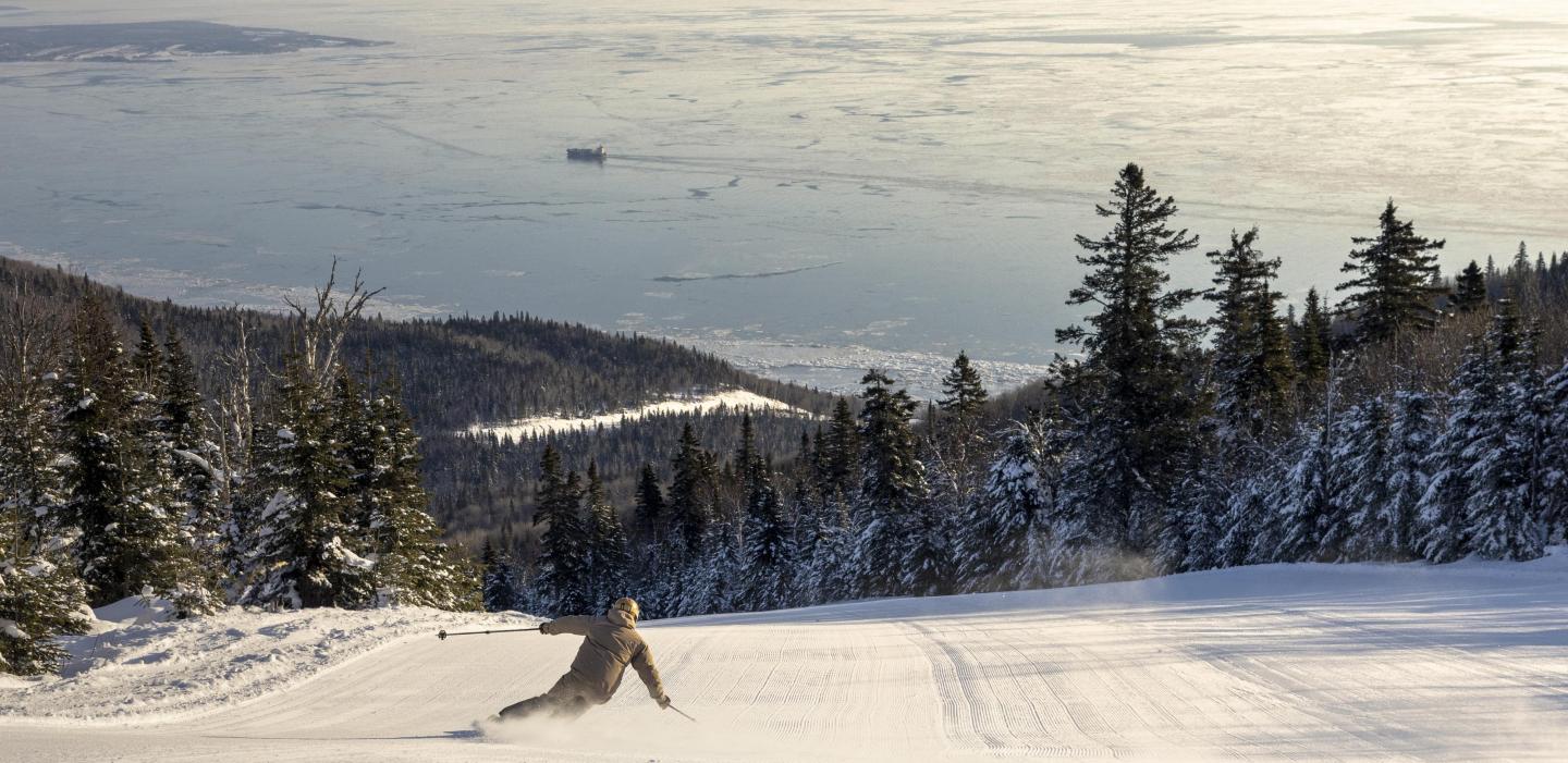 Skieur descendant une pente enneigée, forêt et mer en arrière-plan.