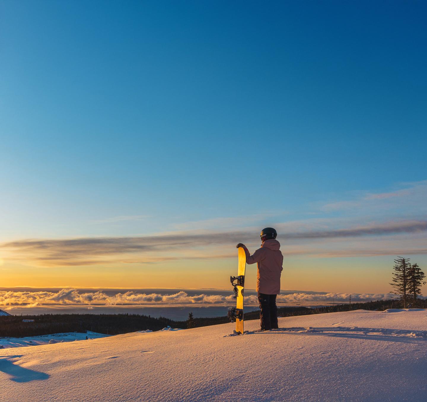 Personne avec snowboard, regardant le coucher de soleil sur une colline enneigée.