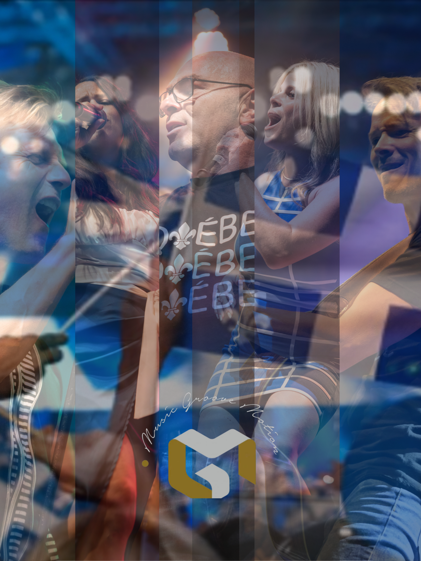 Montage de musiciens en concert aux couleurs vives.