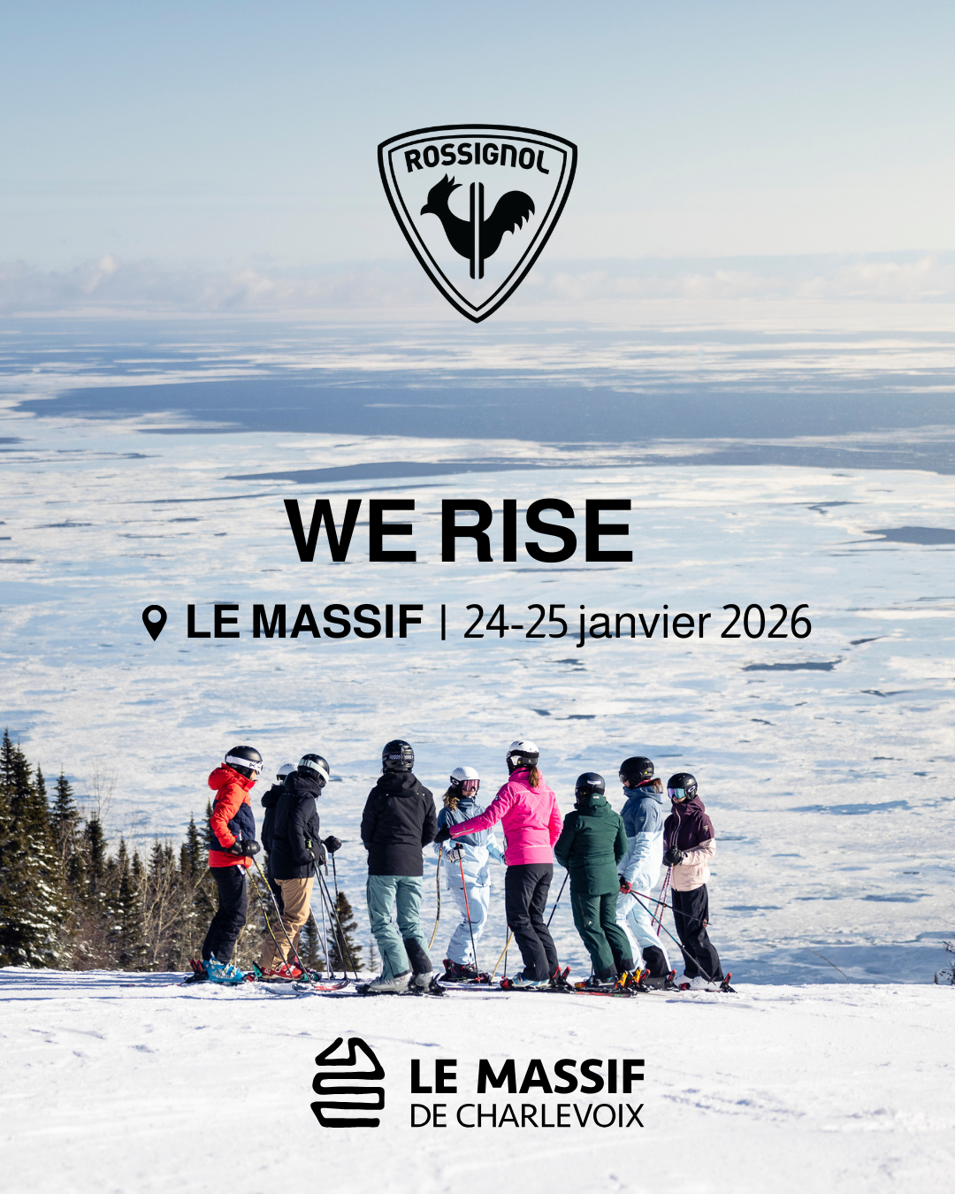 Groupe de skieurs en bas d'une piste enneigée, ciel dégagé. Logo et texte présents.