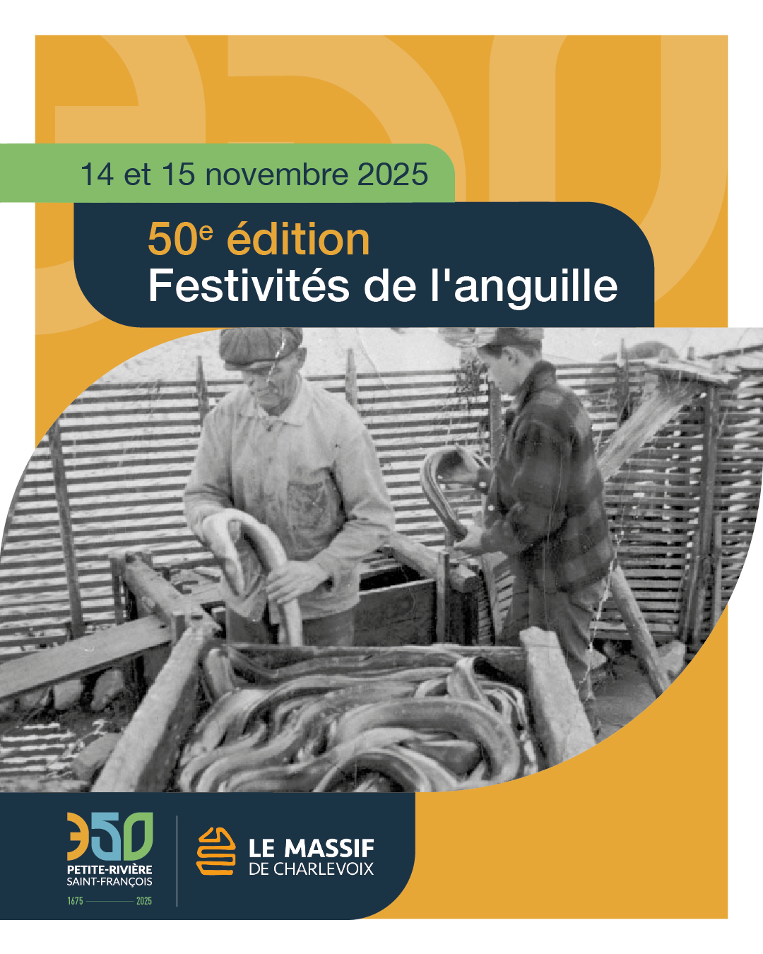 Deux personnes manipulant des anguilles, affiche événementielle.