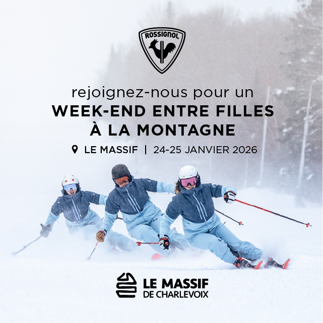 Trois skieuses dévalant une piste enneigée, souriantes.
