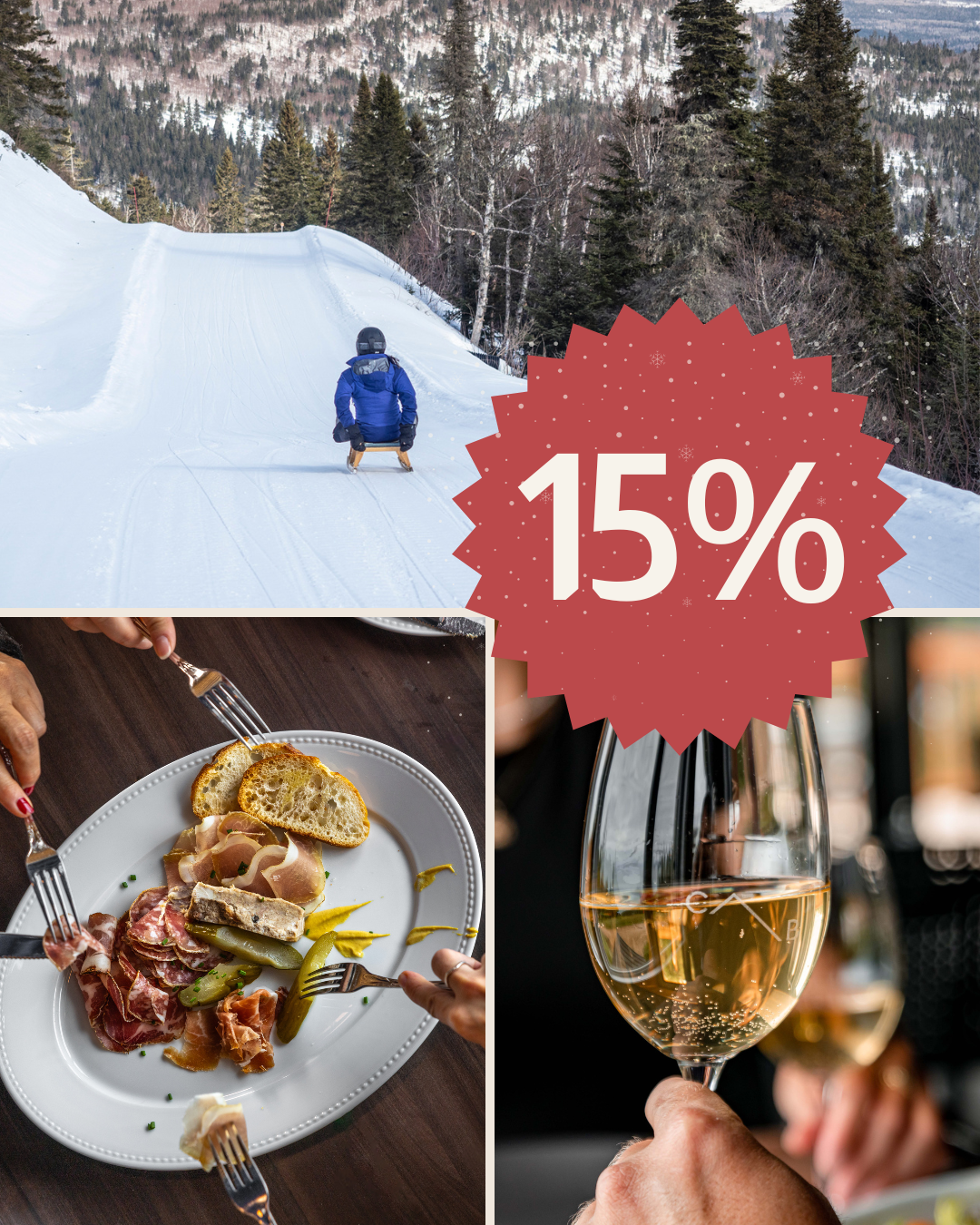 Skieur, plat de charcuterie, verre de vin blanc, badge -15% rouge.