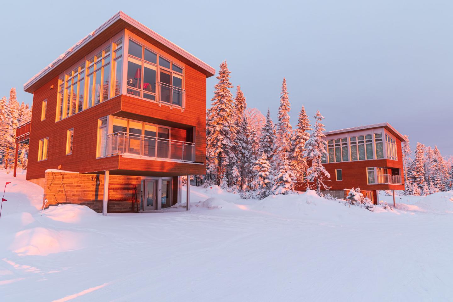 Maisons modernes en bois au coucher du soleil, entourées de neige et de sapins.