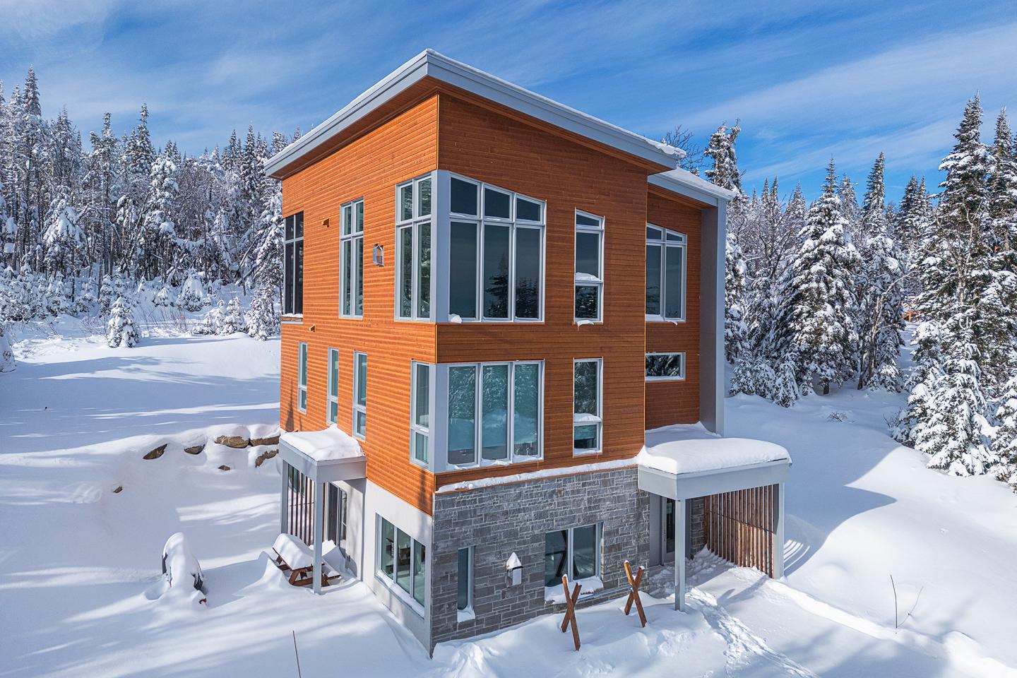 Maison moderne en bois et pierre entourée de neige, forêt en arrière-plan.