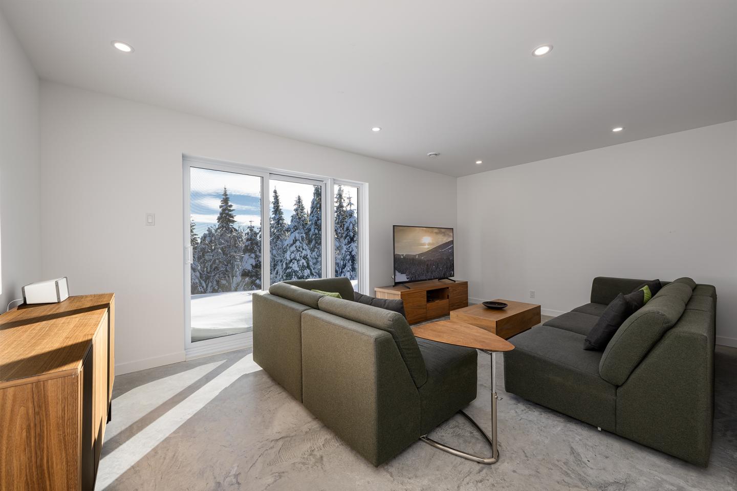Salon moderne avec canapés gris, table basse en bois, vue sur forêt enneigée.
