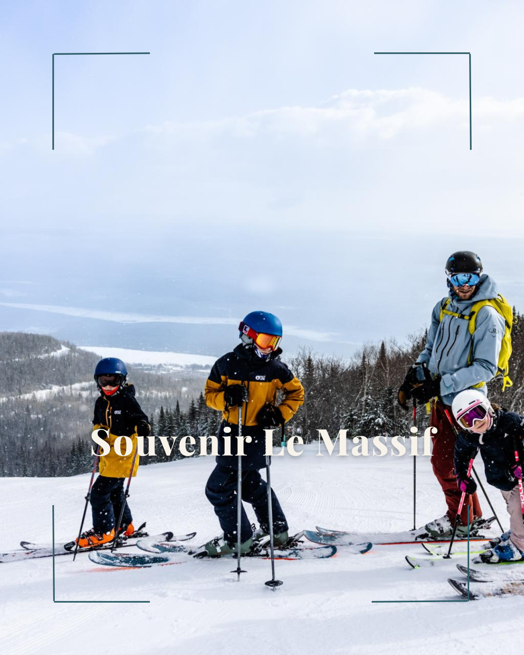 Famille en ski sur une piste enneigée avec vue sur les montagnes.