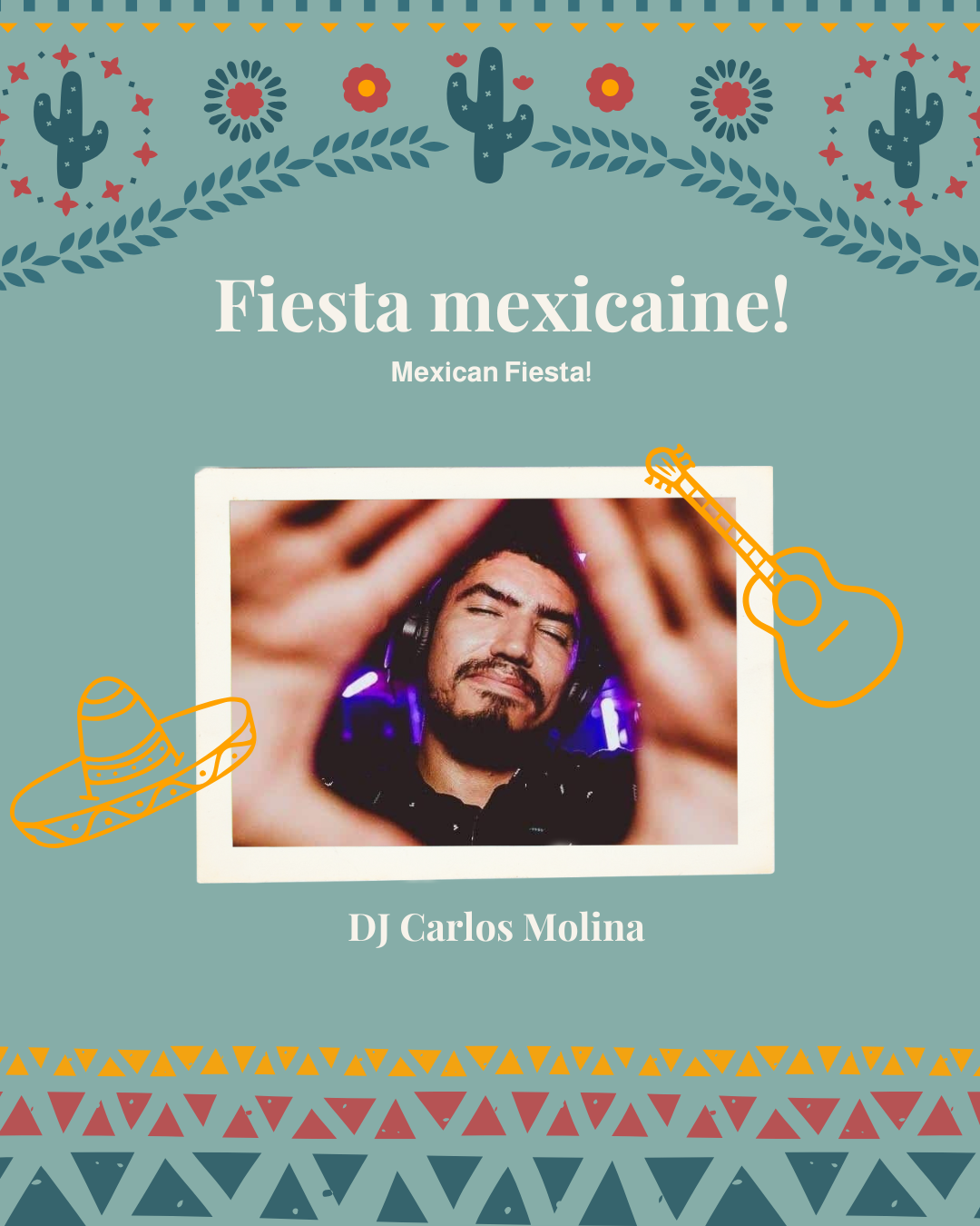 Affiche de fête mexicaine avec DJ, motifs de cactus et guitares orange.