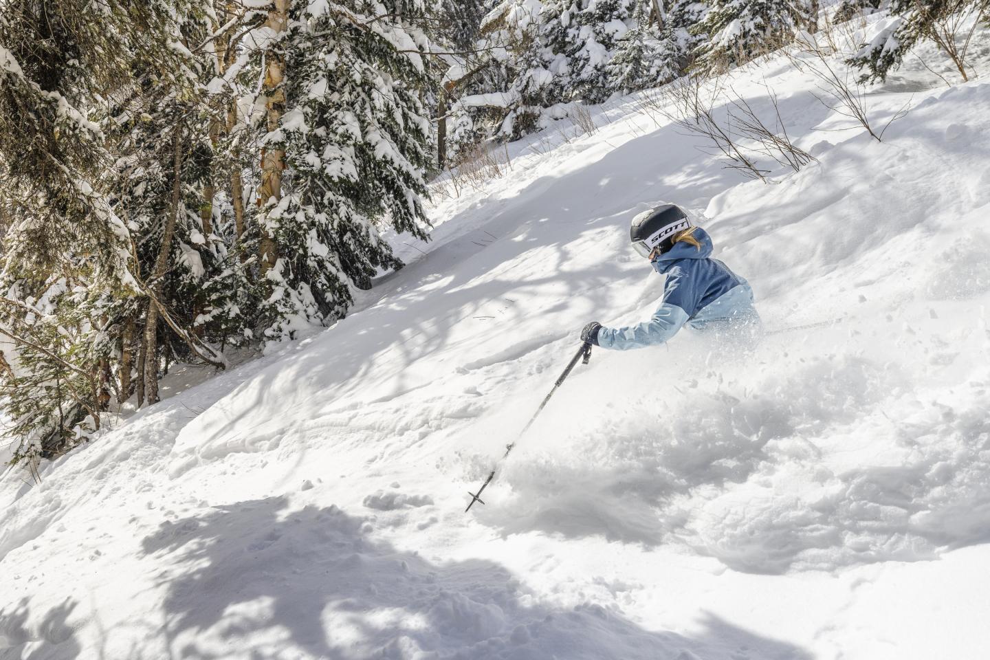 Skieur en veste bleue dévalant une pente enneigée en forêt.