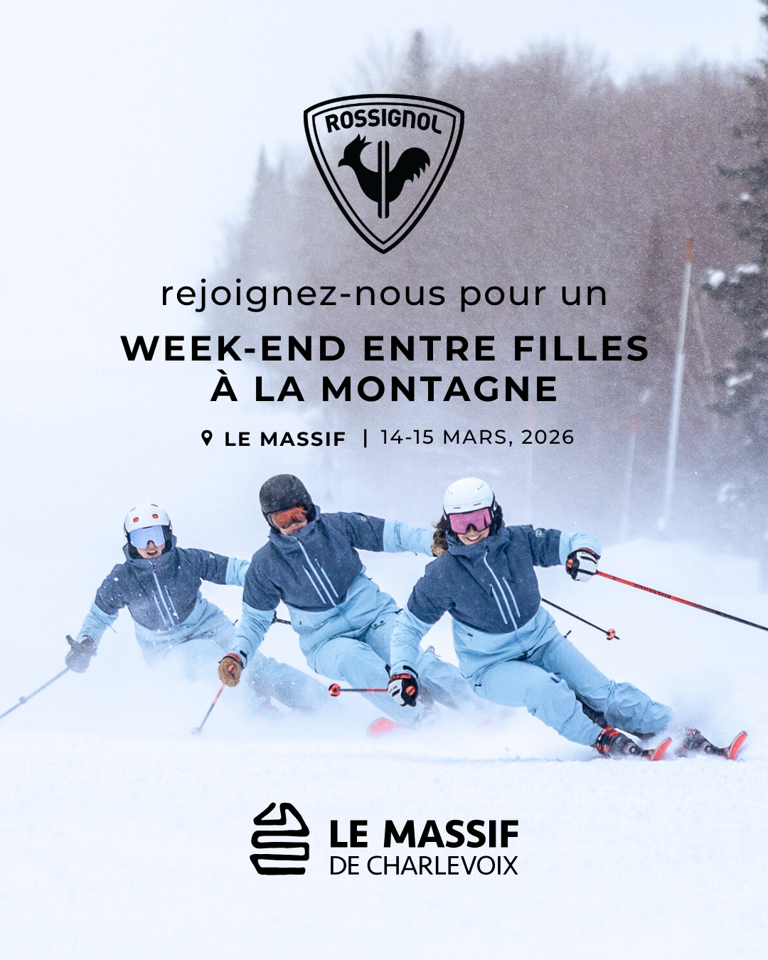 Trois skieuses en descente sur une piste enneigée.