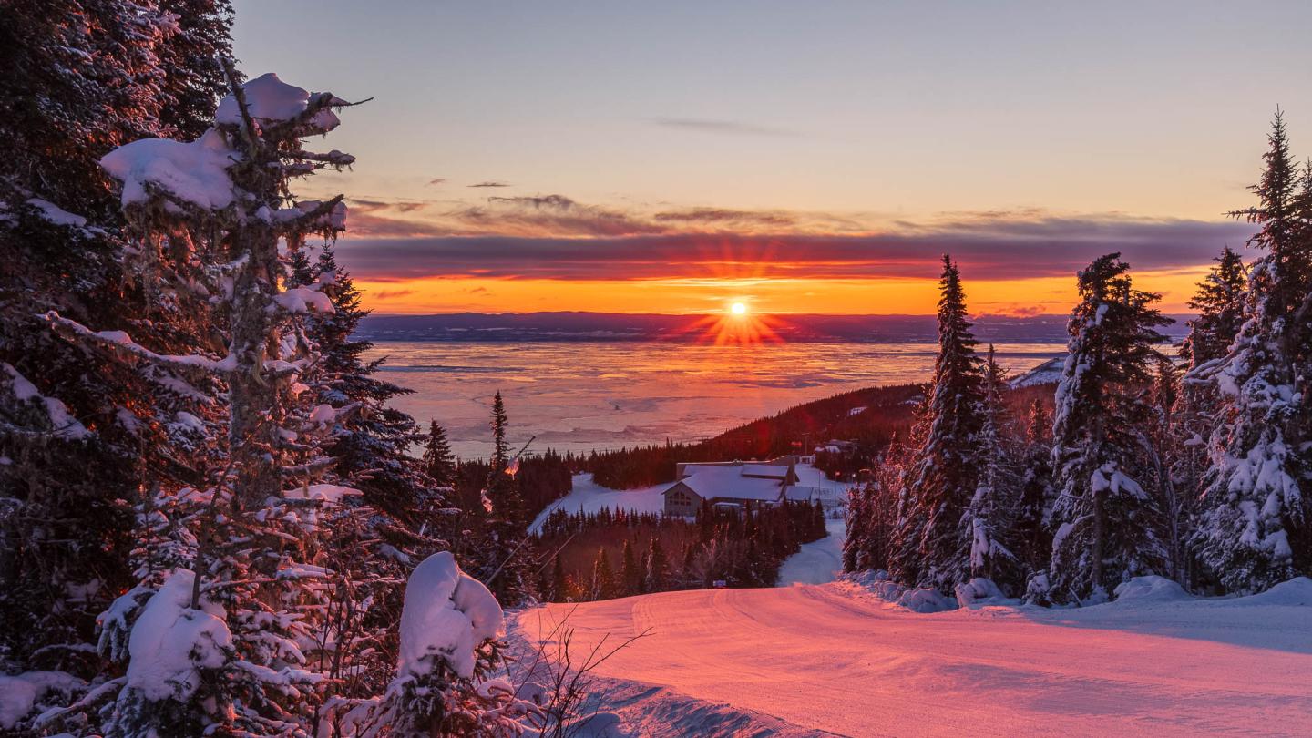 Coucher de soleil hivernal sur une montagne enneigée avec des sapins.