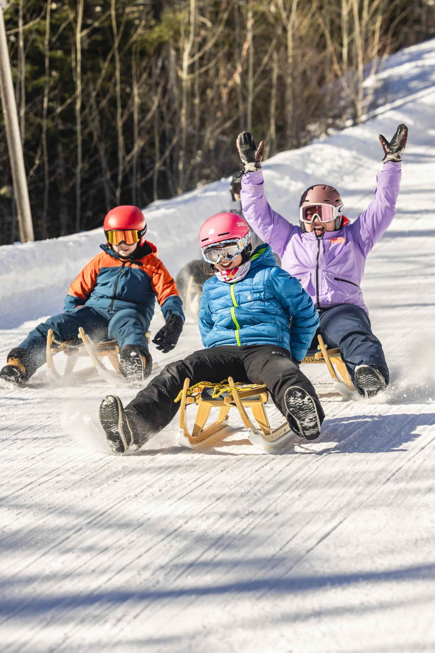 Trois personnes descendent une piste enneigée sur des luge, souriantes et joyeuses.